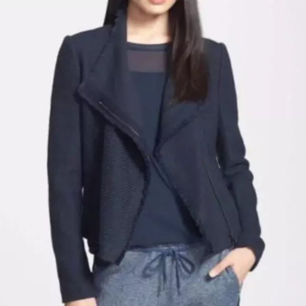 Vince Boucle Zip Jacket Size Small Navy Blue Moto Tweed Fringe Collar Designer